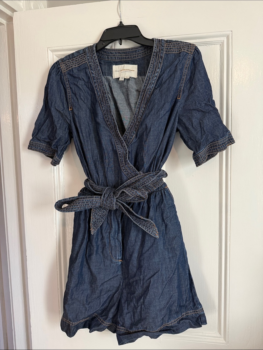 Anthropologie Pilcro Denim Wrap Romper with Tie Waist - Deep Blue 8